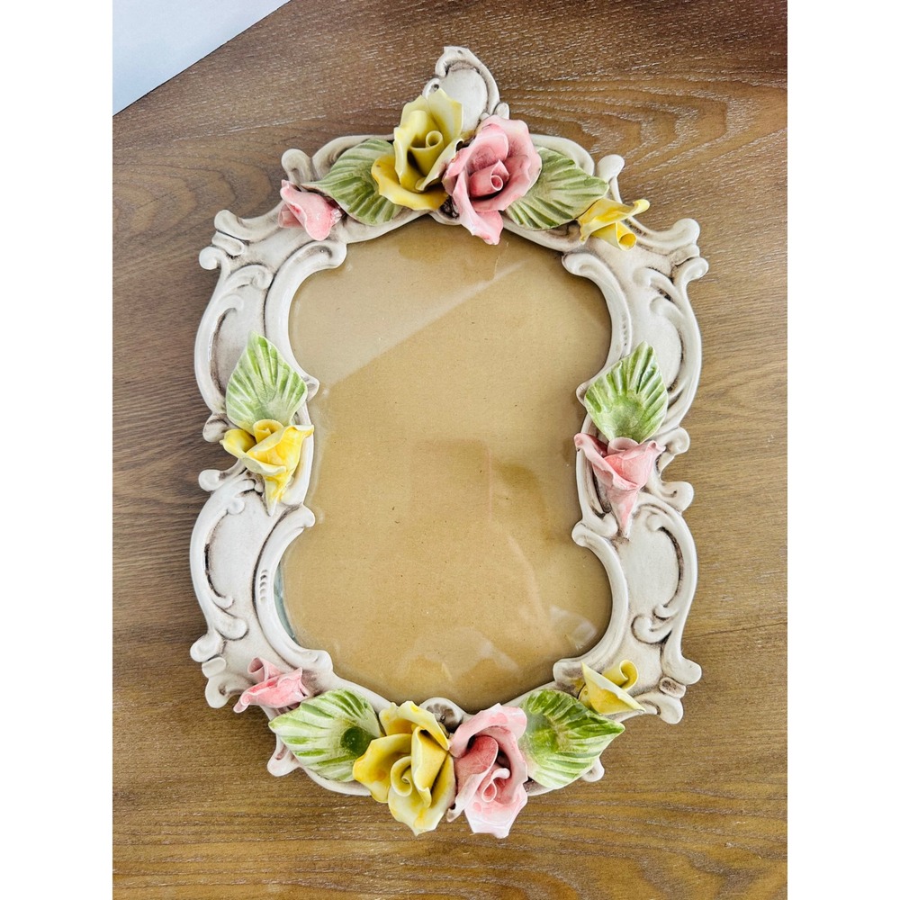 Vintage Italian Capodimonte Ceramic Rose‎ Photo Frame Ornate White Made in Italy